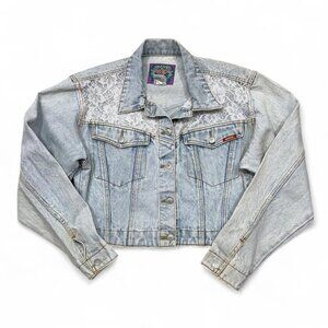 Vintage Jordache Women’s Large Cropped Denim Jacket Acid Wash Y2K Lace‎